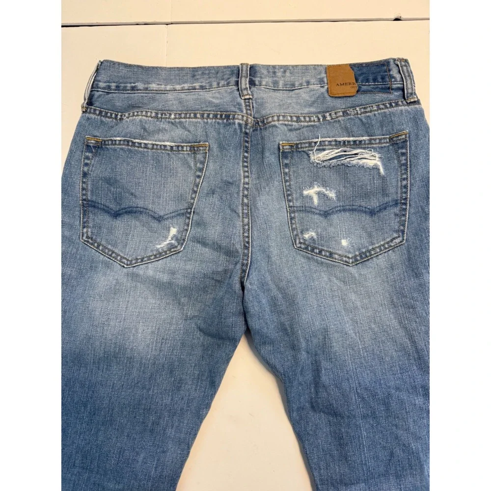 American Eagle Distressed Straight Leg Jeans Mens 32x34 Blue Denim Raw Hem